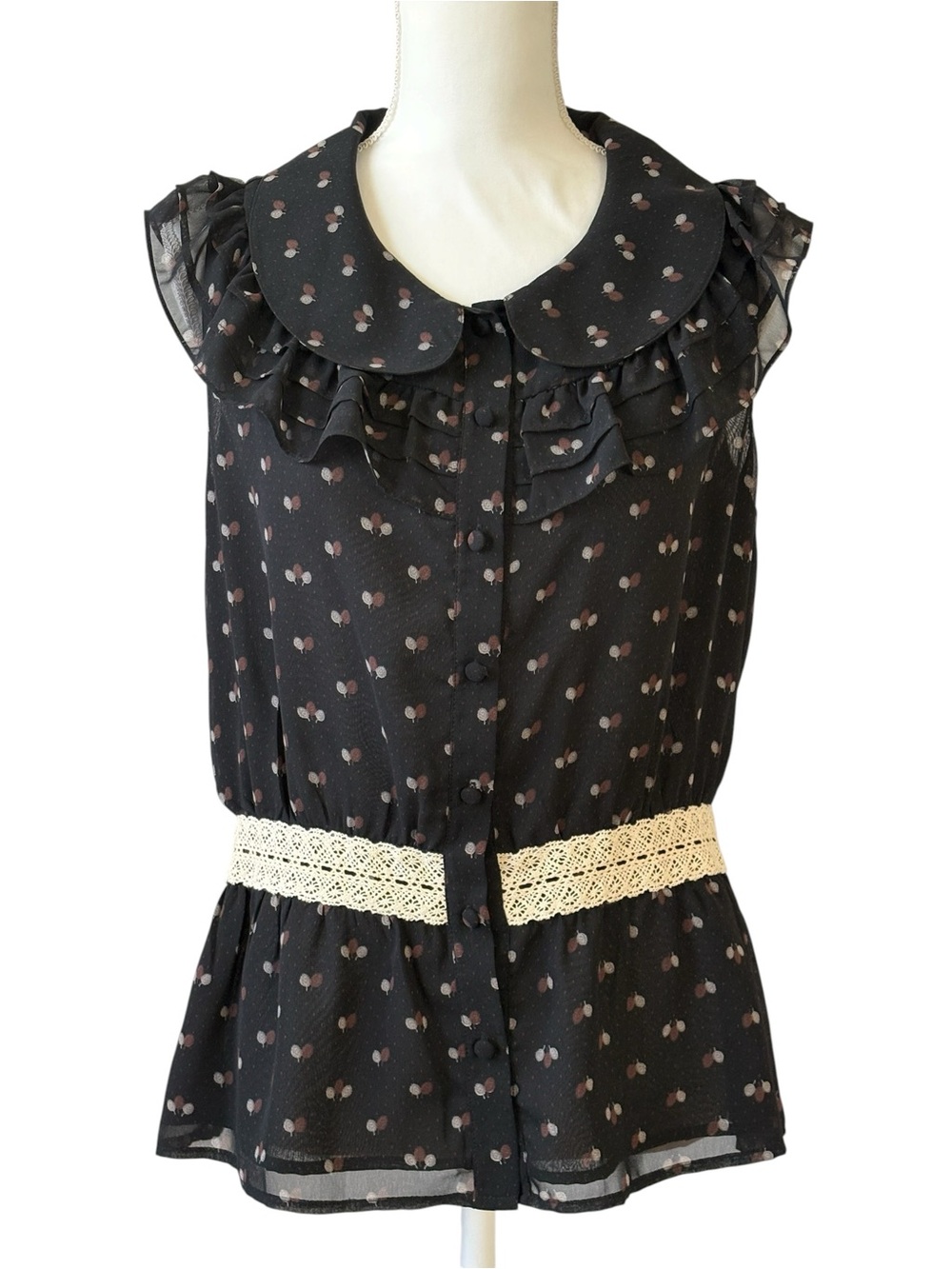Line & Dot Women's Black Chiffon Peter Pan Collar Sleeveless Blouse Top Size L